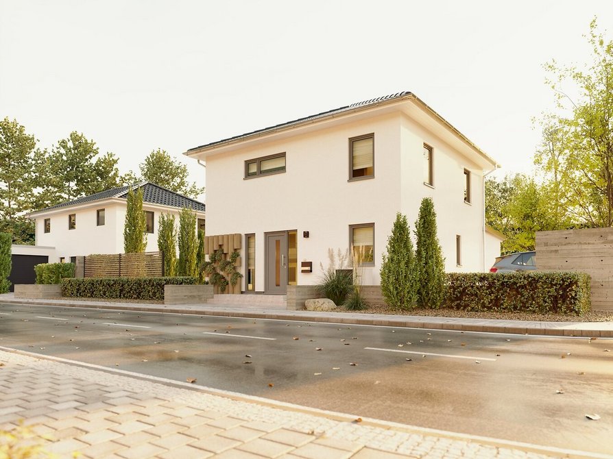 Frontalansicht des Stadthauses Flair 124 mit Staffelgeschoss und Eingangsbereich, eingerahmt von Vorgarten und moderner Fassadengestaltung